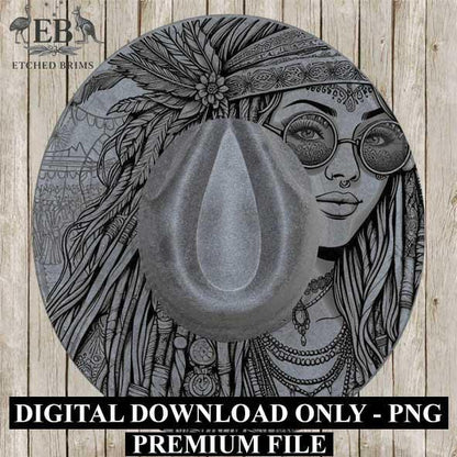 Hat Burning Design, Hippy Woman 19, Boho,Hippie, Wide Brim Hat Design, Digital File, PNG, PDF, Hat Laser Engraving Design, Hat File EB167