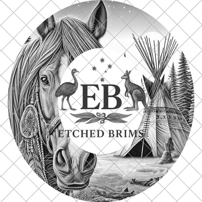 Indian Teepee and Campfire, Hat Burning Template for Wide Brim Hats. PNG for Laser Engraving and PDF Moonlit Horse Scene, EB955