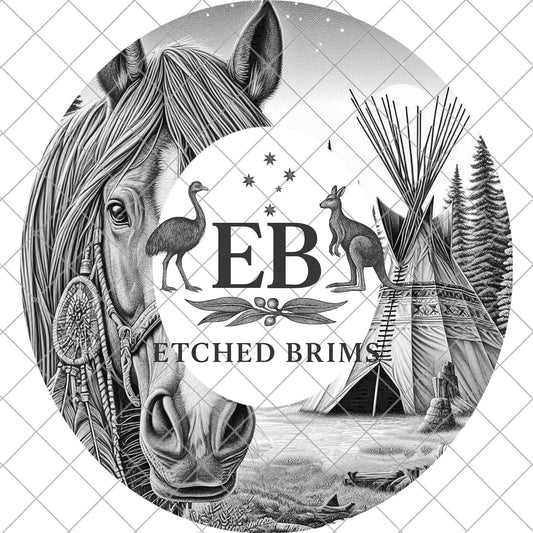 Indian Teepee and Campfire, Hat Burning Template for Wide Brim Hats. PNG for Laser Engraving and PDF Moonlit Horse Scene, EB955