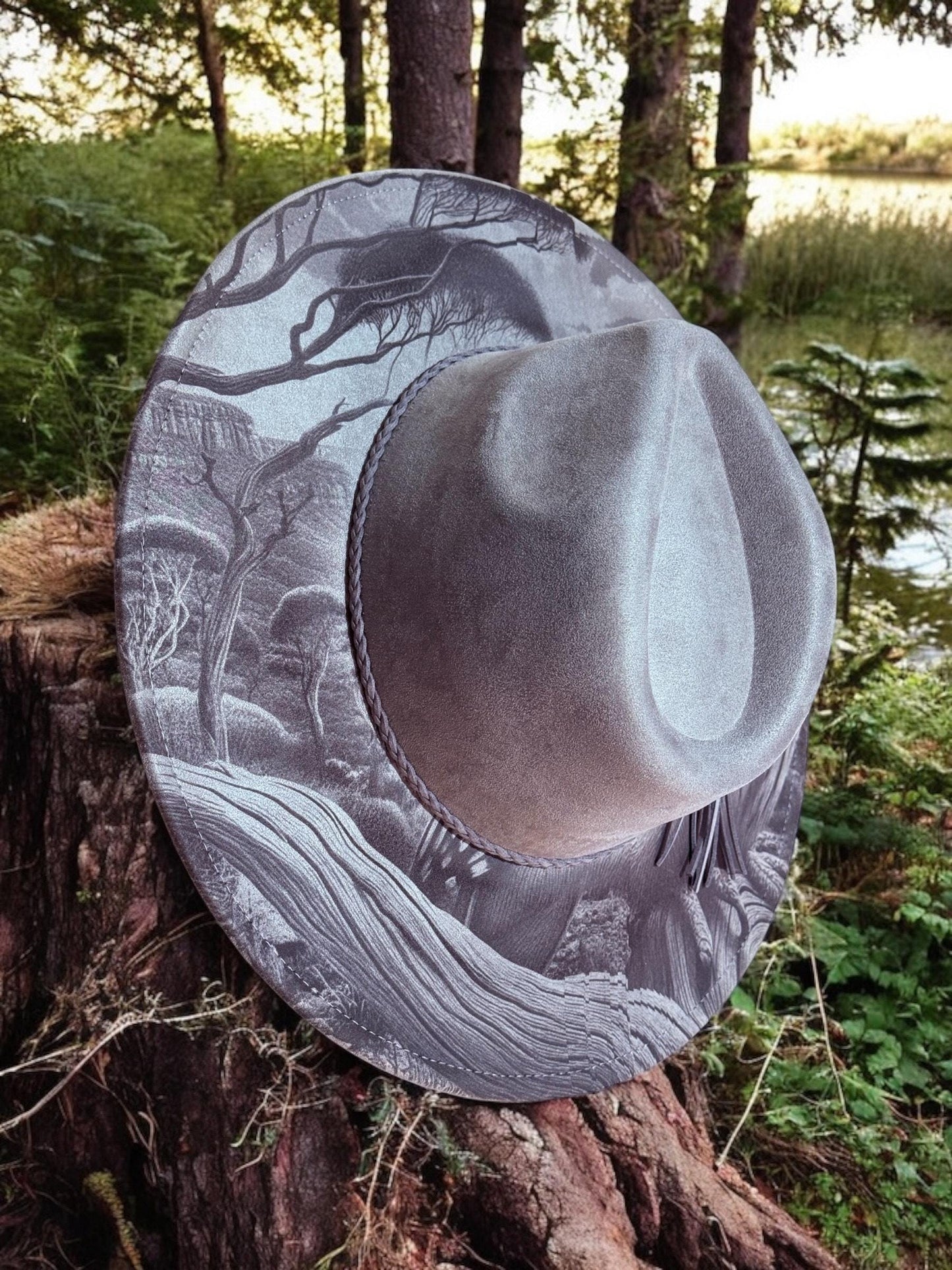 Watcher of the Woods - Owl Engraved Wide Brim Hat, Vegan Suede Fedora Hat, Laser Engraved, Cowboy Hat, Burned Fedora, Owl Design
