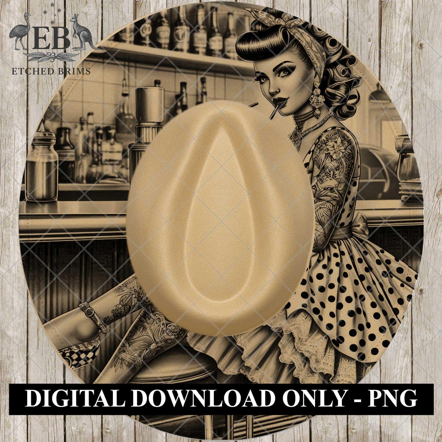 Pin Up Girl Hat Design, Retro Rockabilly Style Wide Brim Digital File, EB913