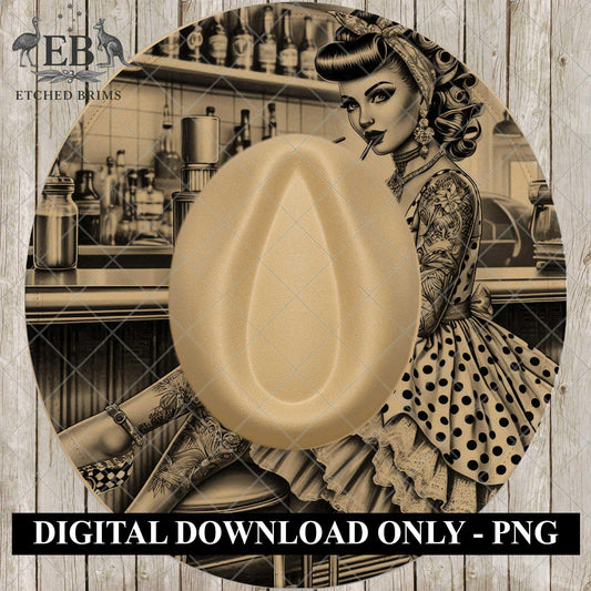 Pin Up Girl Hat Design, Retro Rockabilly Style Wide Brim Digital File, EB913