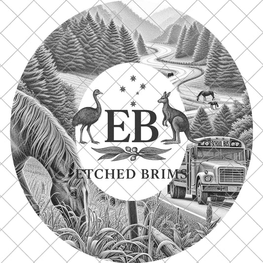 Mountain Road School Bus & Horse, Hat Template for Laser Engraving PNG, Scenic Western Brim Design, EB1029