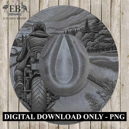 Motorbike 9, Motorcycle Riding, Western Hat Engraving, Faux Suede Wide Brim Hat, Laser Burned Brim, Boho Cowboy Style, Laser File EB278