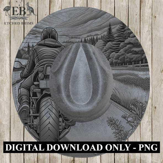 Motorbike 9, Motorcycle Riding, Western Hat Engraving, Faux Suede Wide Brim Hat, Laser Burned Brim, Boho Cowboy Style, Laser File EB278
