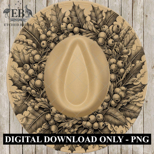 Christmas Wreath & Berries, Hat Burning Design, Festive Digital Download, Hat Burning Template, Wide Brim Hat Design, Hat Stencil, EB674