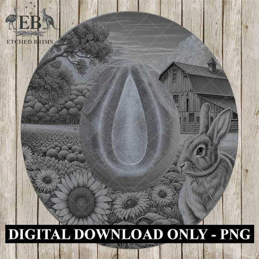 Rabbit & Sunflowers 5, Hat Burning Template, Hat Burning Stencil, Hat Laser Engraving Design, Wide Brim Hat, Printable Hat Template, EB568
