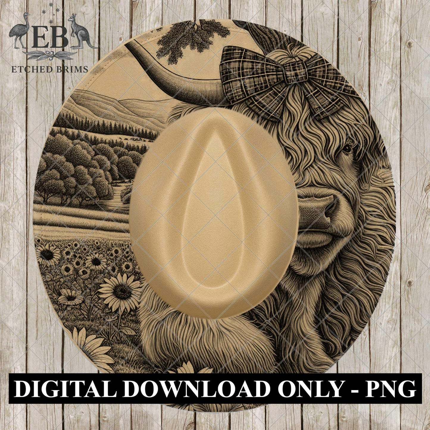 Highland Cow with Bow and Sunflowers, Hat Burning Design, Digital Download PNG, Hat Stencil, Hat Laser Engraving Design, EB1071