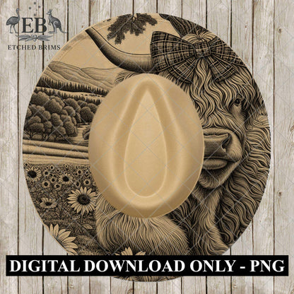 Highland Cow with Bow and Sunflowers, Hat Burning Design, Digital Download PNG, Hat Stencil, Hat Laser Engraving Design, EB1071