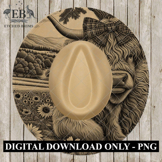 Highland Cow with Bow and Sunflowers, Hat Burning Design, Digital Download PNG, Hat Stencil, Hat Laser Engraving Design, EB1071