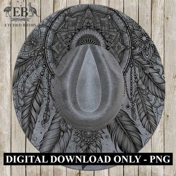 Mystic Dreamcatcher, boho feather laser engraved hat design digital download,western, festival, and rustic style hat Wide brim hat file EB20