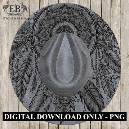 Mystic Dreamcatcher, boho feather laser engraved hat design digital download,western, festival, and rustic style hat Wide brim hat file EB20