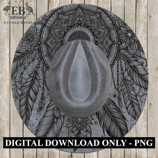 Mystic Dreamcatcher, boho feather laser engraved hat design digital download,western, festival, and rustic style hat Wide brim hat file EB20