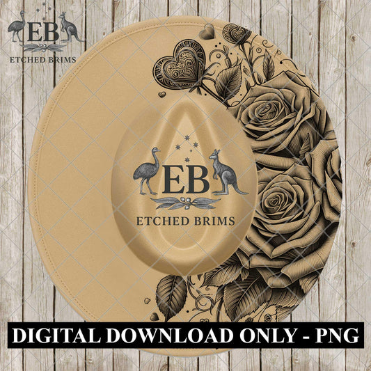 Roses & Hearts Valentine, Hat Burning Design, Digital Download PNG, Wide Brim Laser Template Design, EB1122