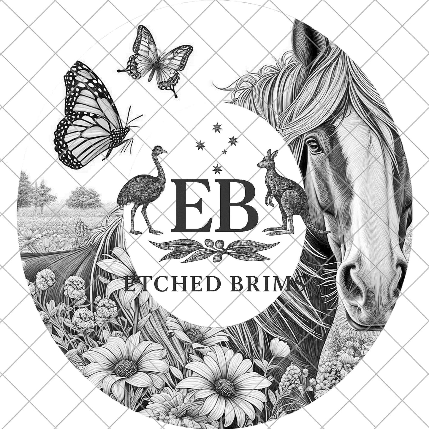 Horse Butterfly and Wildflowrs Hat Burning Design, Country Laser Engraving Template for Wide Brim Fedora, EB977