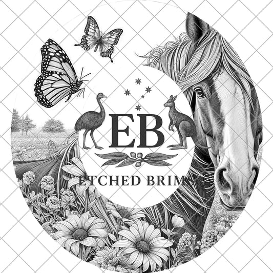 Horse Butterfly and Wildflowrs Hat Burning Design, Country Laser Engraving Template for Wide Brim Fedora, EB977