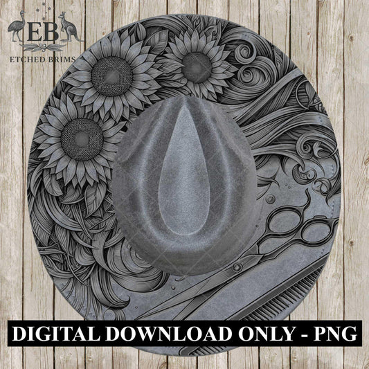 Hairdresser Sunflowers 1 Hat Burning Template for Wide Brim Hats. PNG for Laser Engraving and PDF Burning Stencil for Hand Burning, EB605