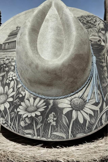 Highland Cow – Laser Engraved Highland Cow Brim Hat, Wide Brim Hat, Vegan Suede Fedora Hat, Laser Engraved, Burned Fedora