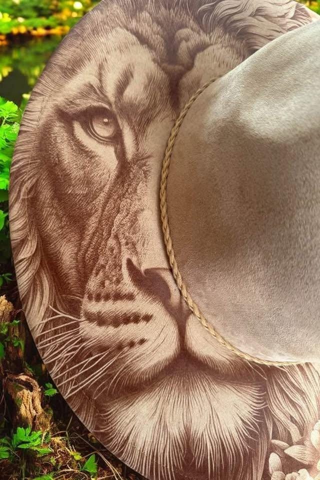 Lion & Blooms - Engraved Lion and Floral Wide Brim Hat, Vegan Suede Fedora Hat, Laser Engraved, Cowboy Hat, Burned Fedora