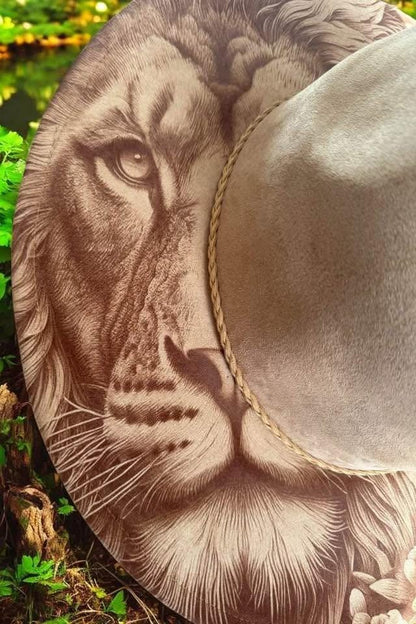 Lion & Blooms - Engraved Lion and Floral Wide Brim Hat, Vegan Suede Fedora Hat, Laser Engraved, Cowboy Hat, Burned Fedora
