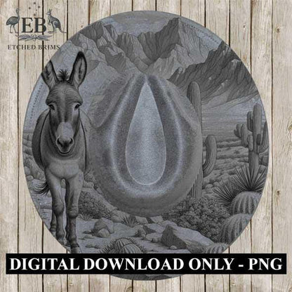 Donkey Mule 3 Laser Burning Engraved Hat, Western Fedora Brim with Desert Mountains & Cactus Scene, Rustic Cowboy Cowgirl Rodeo Style, EB378