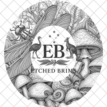 Mushrooms & Dragonfly, Hat Burning Design, Laser Hat Burning Design, Digital Download PNG, Hat Burning Template, Wide Brim Hat Design, EB879