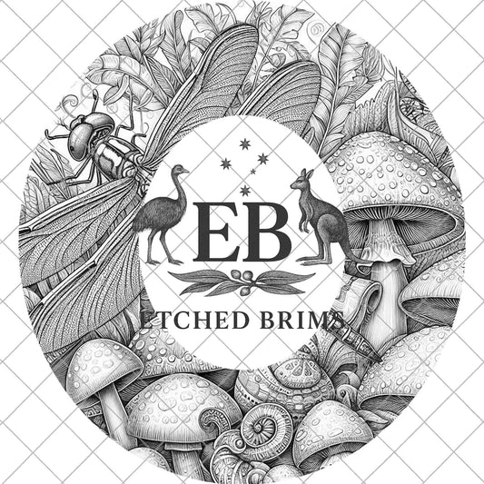Mushrooms & Dragonfly, Hat Burning Design, Laser Hat Burning Design, Digital Download PNG, Hat Burning Template, Wide Brim Hat Design, EB879