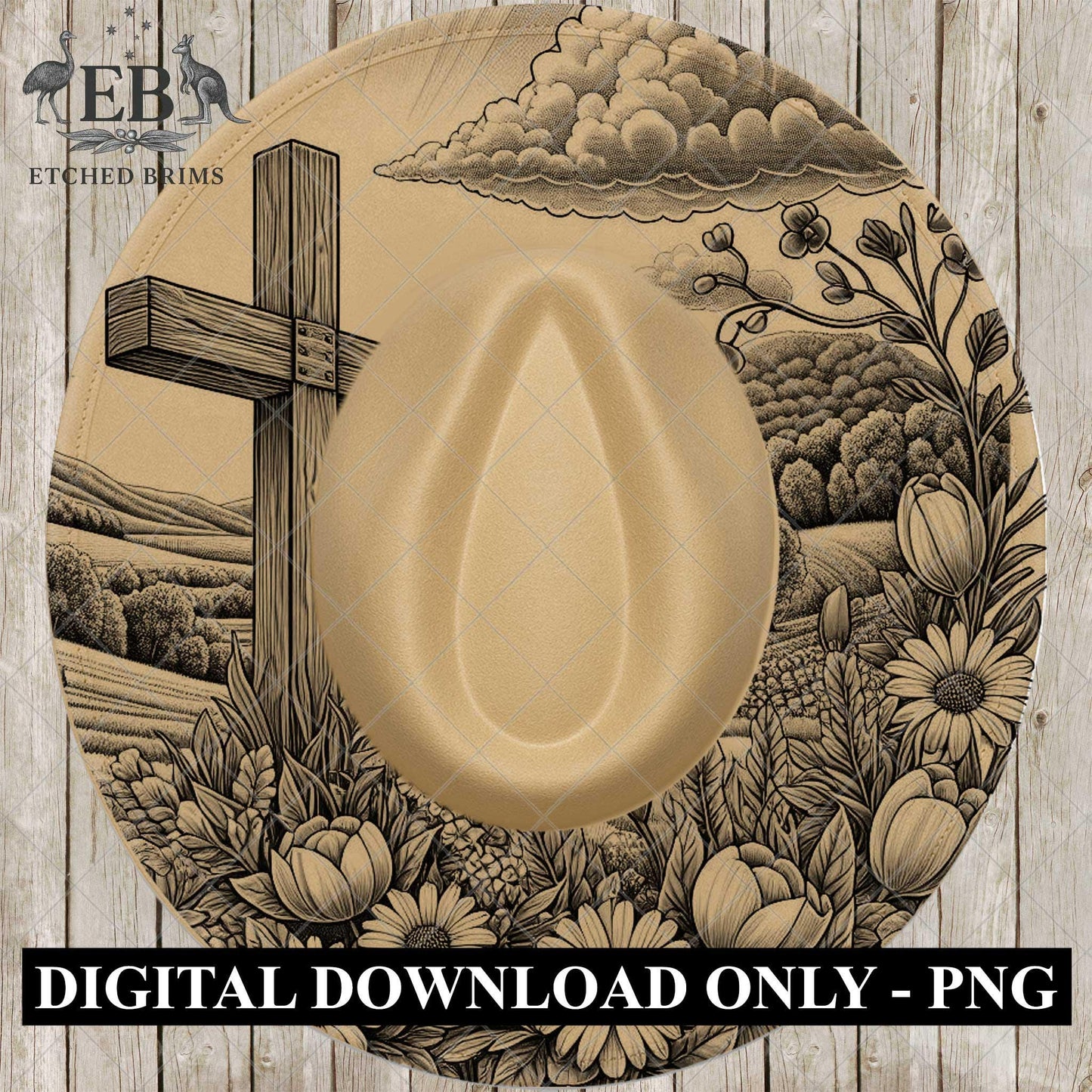 Cross and Flowers Hat Burning Design, Faith Western Laser Engraving Template, EB711