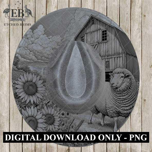 Sheep & Sunflowers 5, Hat Burning Template, Hat Burning Stencil, Hat Laser Engraving Design, Wide Brim Hat, Printable Hat Template, EB577