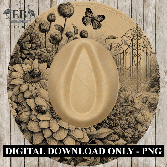 Ladybird Wide Brim Hat Burning Design, Garden Flowers, Laser Template, Digital Download PNG, EB1006