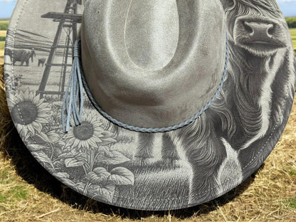 Highland Cow Laser Engraved Hat – Rustic Western Brim with Sunflowers & Windmill | Country Rodeo Cowboy Cowgirl Fedora