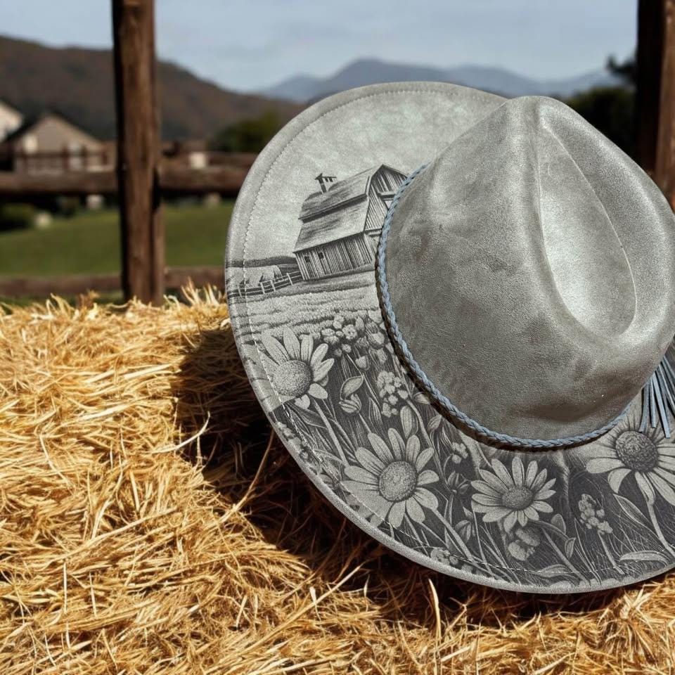 Highland Cow – Laser Engraved Highland Cow Brim Hat, Wide Brim Hat, Vegan Suede Fedora Hat, Laser Engraved, Burned Fedora