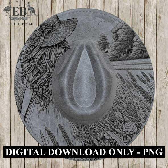 Woman & Flowers Field 3 Hat Engraving Template, Digital Laser Burn Design, Wide Brim Faux Suede Hats, BOHO, Laser Hat Burning File EB328