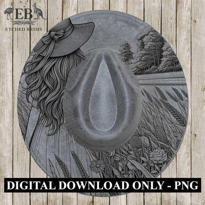 Woman & Flowers Field 3 Hat Engraving Template, Digital Laser Burn Design, Wide Brim Faux Suede Hats, BOHO, Laser Hat Burning File EB328