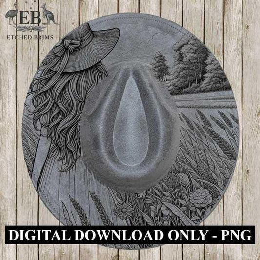 Woman & Flowers Field 3 Hat Engraving Template, Digital Laser Burn Design, Wide Brim Faux Suede Hats, BOHO, Laser Hat Burning File EB328