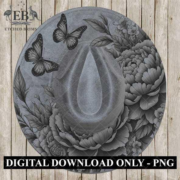 Peonies Flowers & Butterflies 6, Hat Burning Design, Hat Burning Stencil, Hat Burning Template, Hat Laser Engraving Design, Hat File EB450