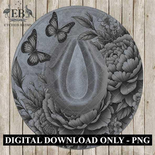 Peonies Flowers & Butterflies 6, Hat Burning Design, Hat Burning Stencil, Hat Burning Template, Hat Laser Engraving Design, Hat File EB450