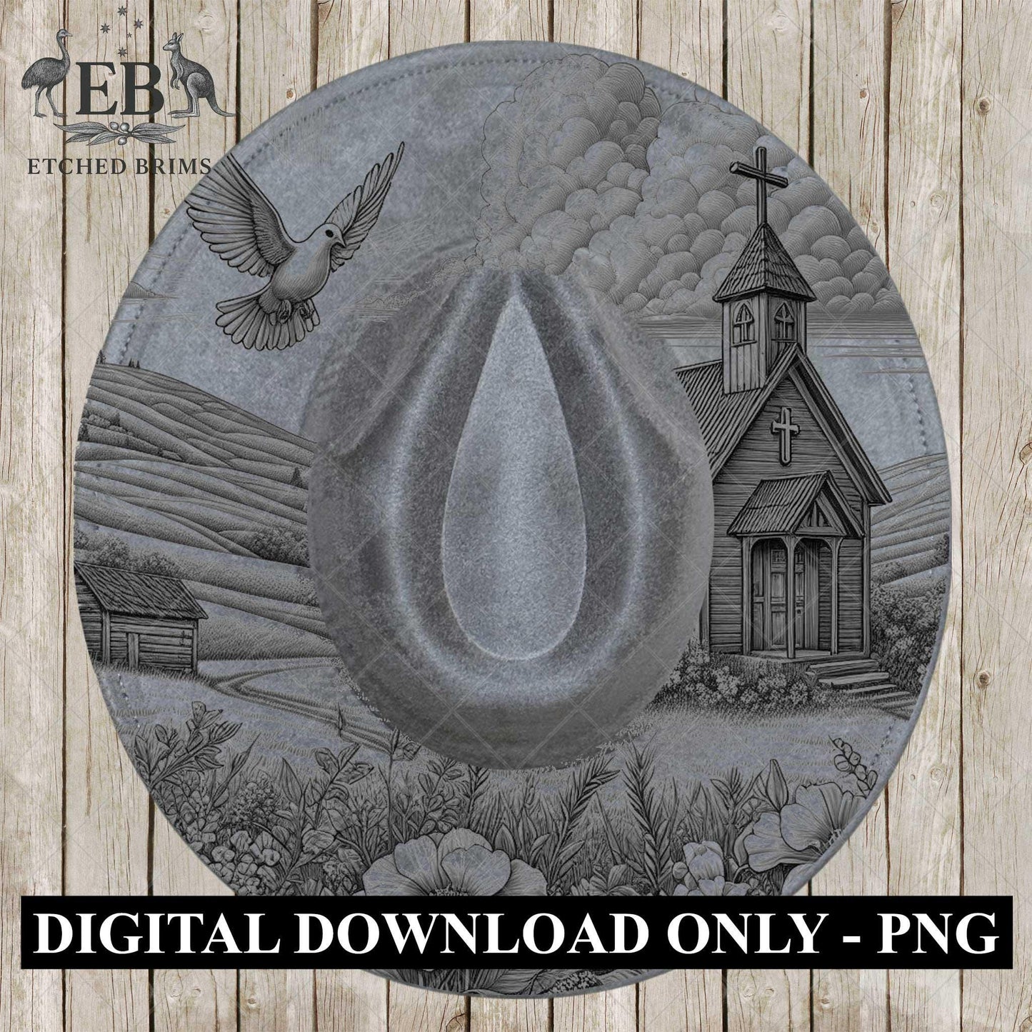 Country Church & Wildflowers, Hat Burning Design, Religious Faith, Digital Download PNG, Laser Engraving Design, Wide Brim Hat File, EB660