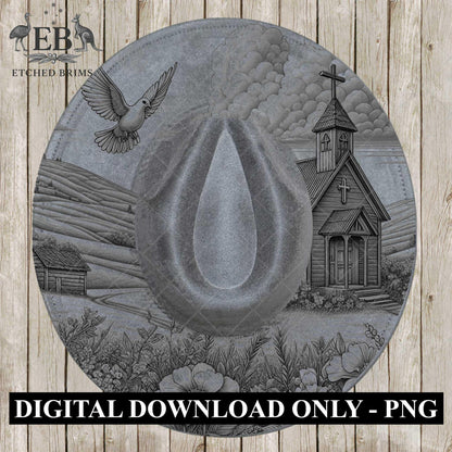 Country Church & Wildflowers, Hat Burning Design, Religious Faith, Digital Download PNG, Laser Engraving Design, Wide Brim Hat File, EB660