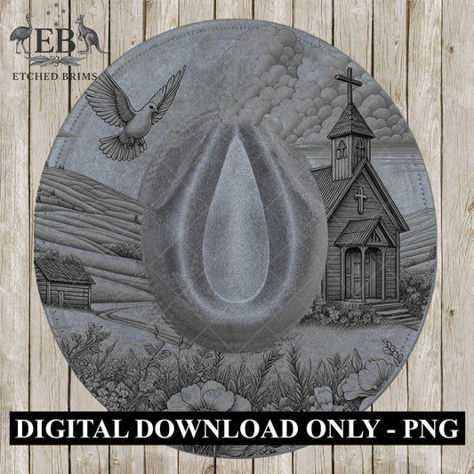Country Church & Wildflowers, Hat Burning Design, Religious Faith, Digital Download PNG, Laser Engraving Design, Wide Brim Hat File, EB660