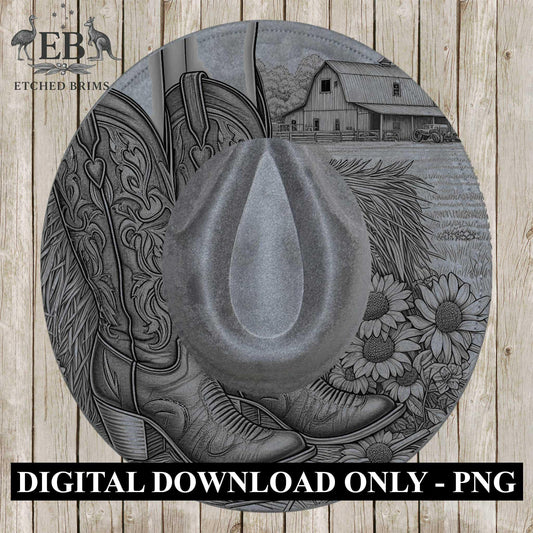 Cowgirl Boots & Sunflowers 4 Hat Burning Design, Western Brim PNG PDF Template, Digital Laser Design, Wide Brim Faux Suede Hat, EB628