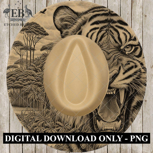 Roaring Tiger, Hat Burning Design, Hat Engraving Template, Wide Brim Burned Hat, PNG Laser Design, EB792