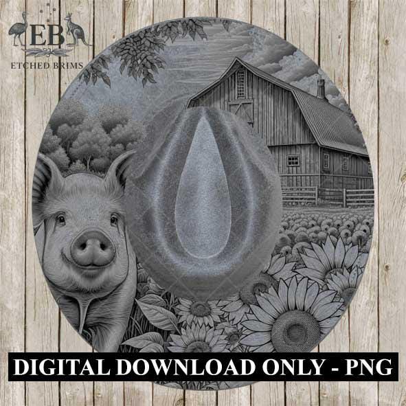 Farm Pig & Sunflowers 1, Hat Burning Template, Hat Burning Stencil, Hat Laser Engraving Design, Wide Brim Hat, Printable Hat Template, EB567