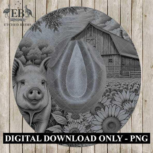 Farm Pig & Sunflowers 1, Hat Burning Template, Hat Burning Stencil, Hat Laser Engraving Design, Wide Brim Hat, Printable Hat Template, EB567