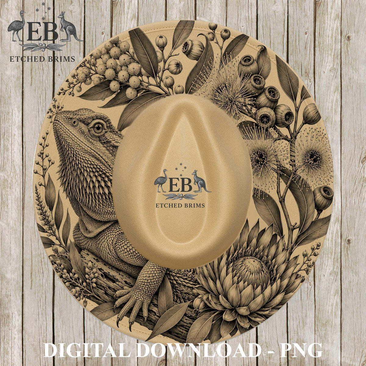 Bearded Dragon Hat Burning Design, Australian Native Flora, Laser Engraving File for Wide Brim Fedora Hat. EB1318