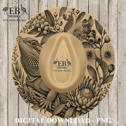 Bearded Dragon Hat Burning Design, Australian Native Flora, Laser Engraving File for Wide Brim Fedora Hat. EB1318