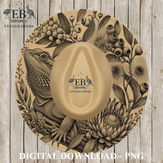 Bearded Dragon Hat Burning Design, Australian Native Flora, Laser Engraving File for Wide Brim Fedora Hat. EB1318