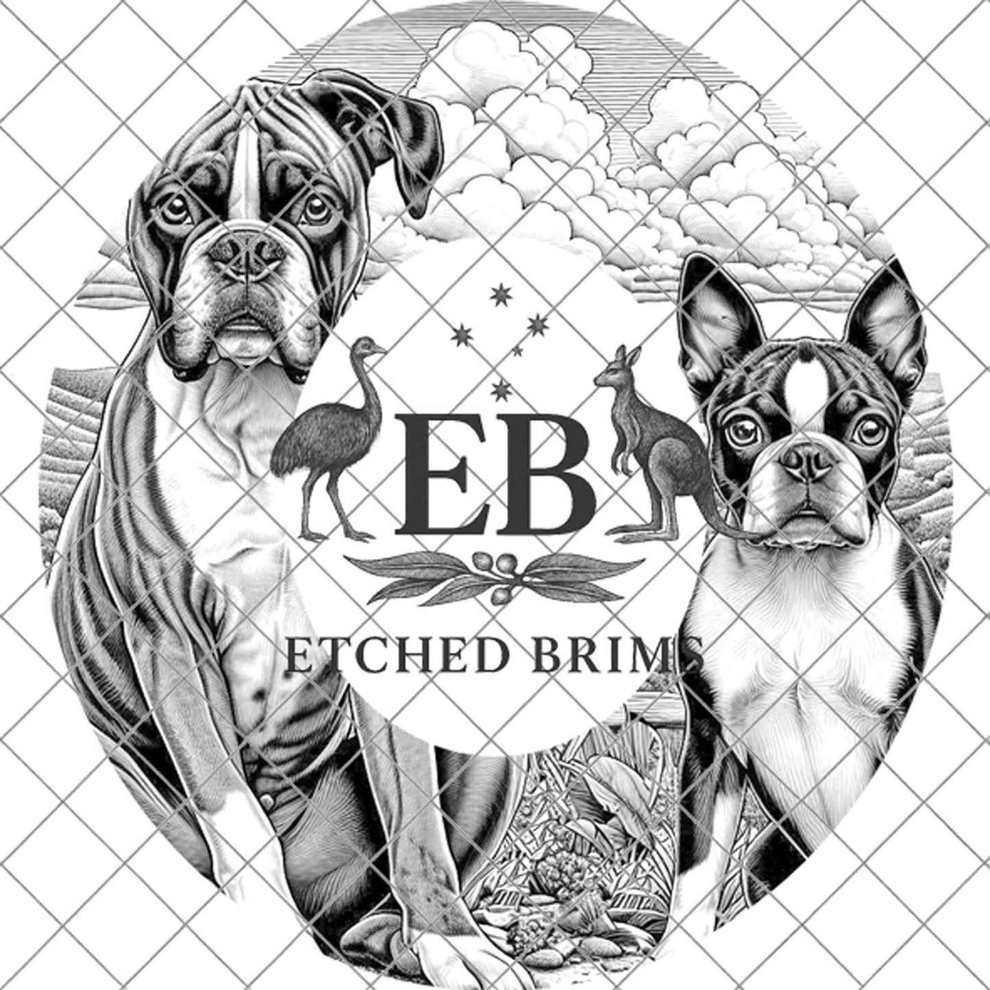 Boxer & Bosten Terrier Dogs, Hat Burning Design, PNG for Laser Burning, Wide Brim Design, Digital Download, PDF Stencil, EB599
