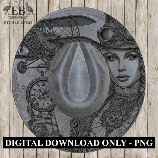 Hat Burning Design, Steampunk Girl 7, Hat Engraving Template, PNG File, Printable PDF, Laser Hat Design, Hat Burning Stencil, Western, EB364