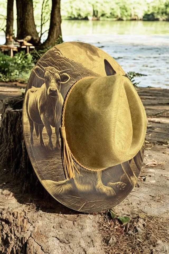 The Drovers Mate – Laser Engraved Cattle Dog Brim Hat, Wide Brim Hat, Vegan Suede Fedora Hat, Laser Engraved, Cowboy Hat, Burned Fedora